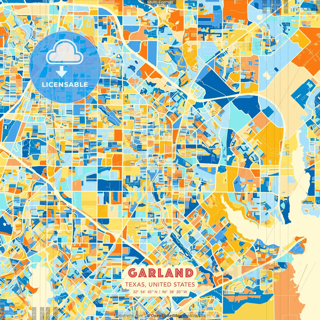 Garland, Texas, United States blue and orange vector art map template