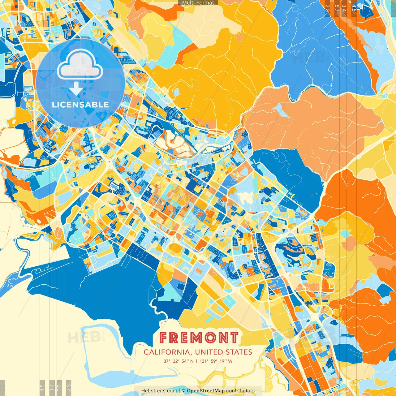Fremont, California, United States blue and orange vector art map template