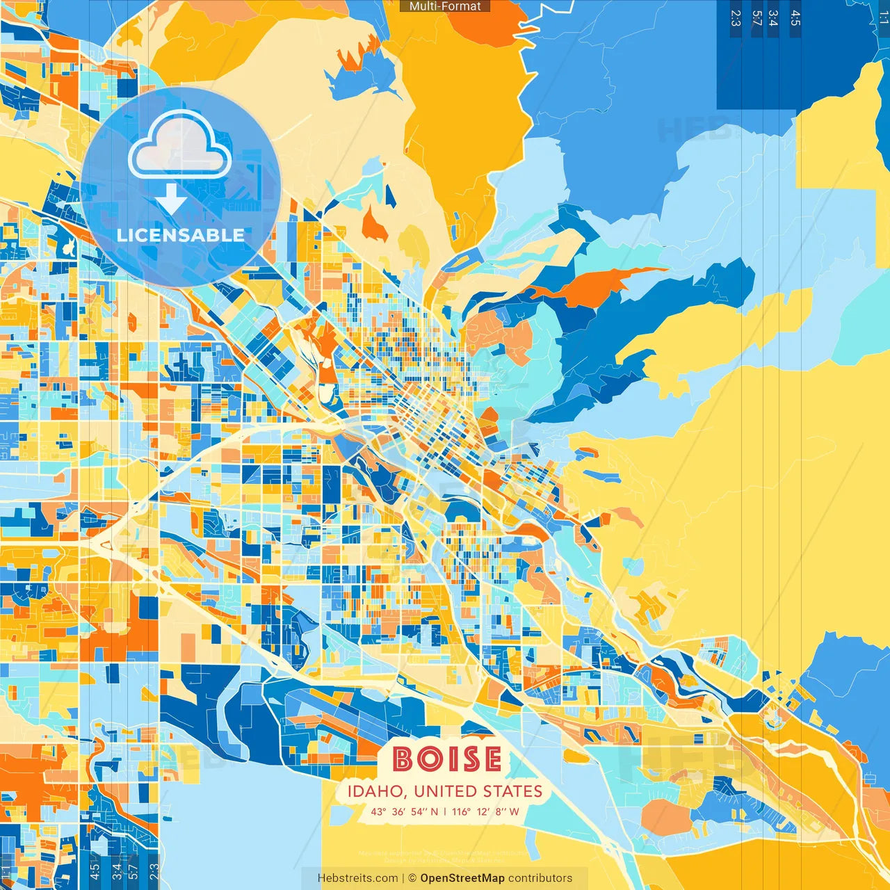 Boise, Idaho, United States blue and orange vector art map template