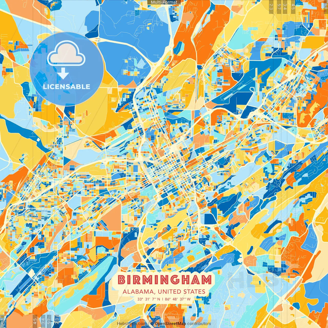 Birmingham, Alabama, United States blue and orange vector art map template