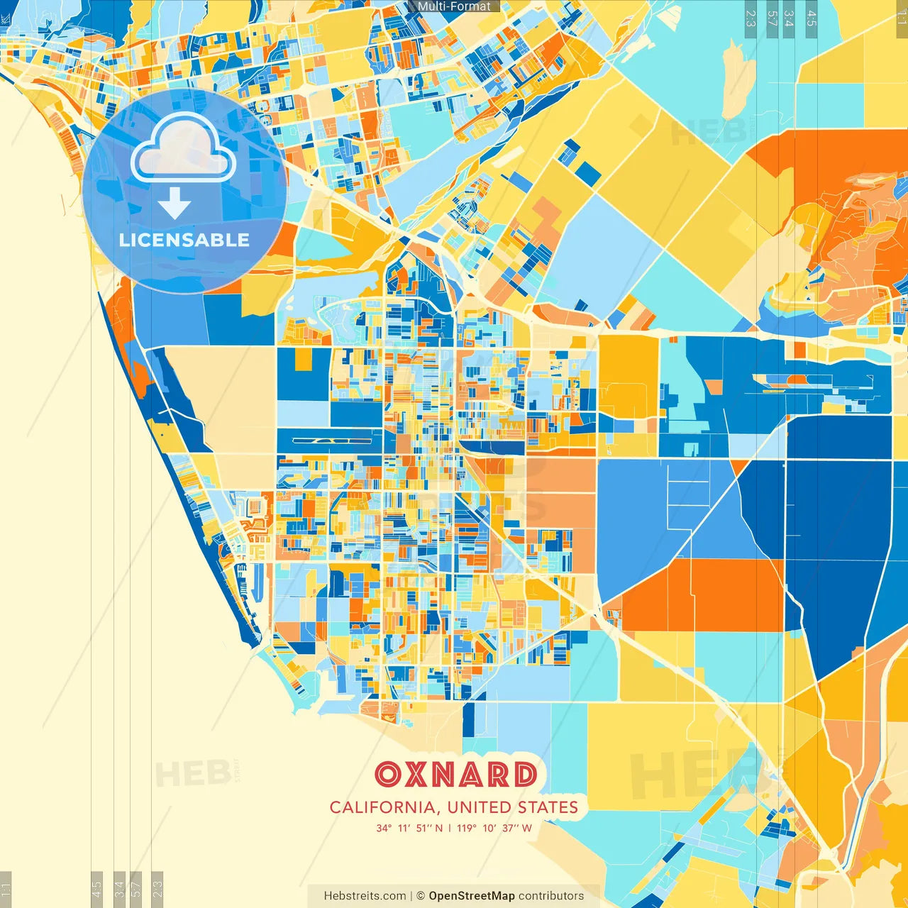 Oxnard, California, United States blue and orange vector art map template