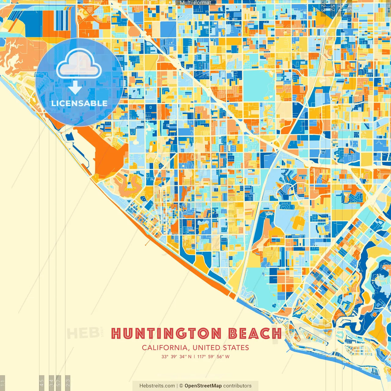 Huntington Beach, California, United States blue and orange vector art map template