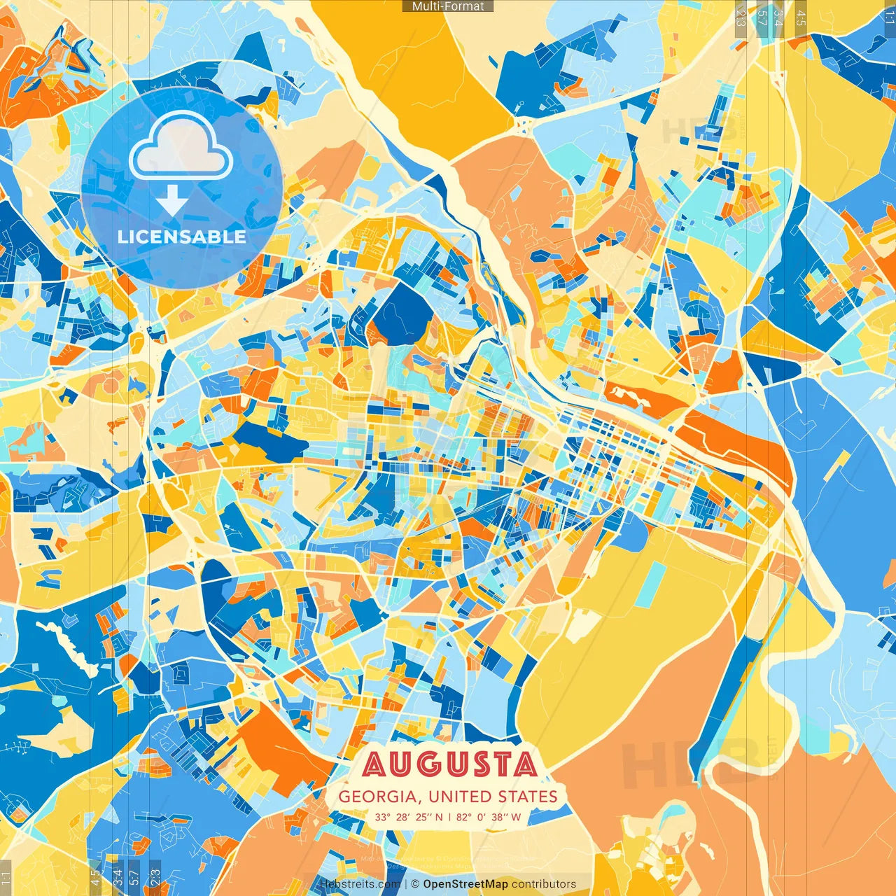 Augusta, Georgia, United States blue and orange vector art map template