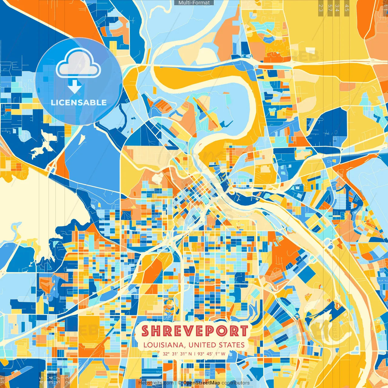 Shreveport, Louisiana, United States blue and orange vector art map template