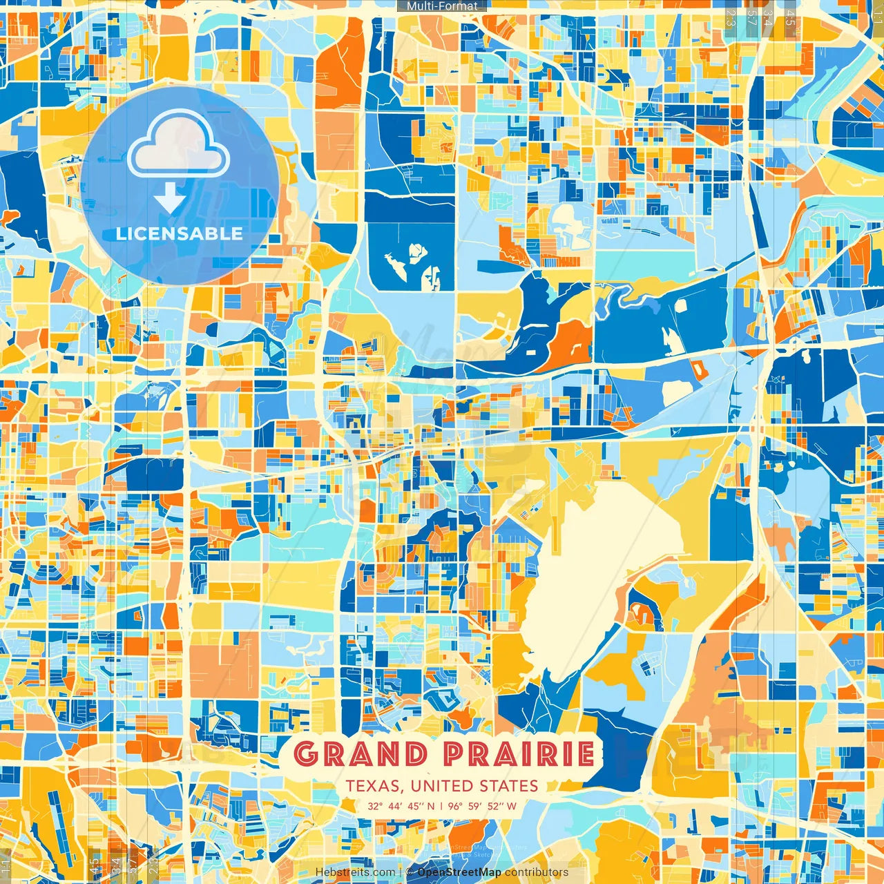 Grand Prairie, Texas, United States blue and orange vector art map template