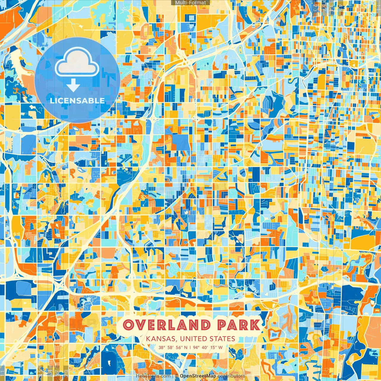Overland Park, Kansas, United States blue and orange vector art map template