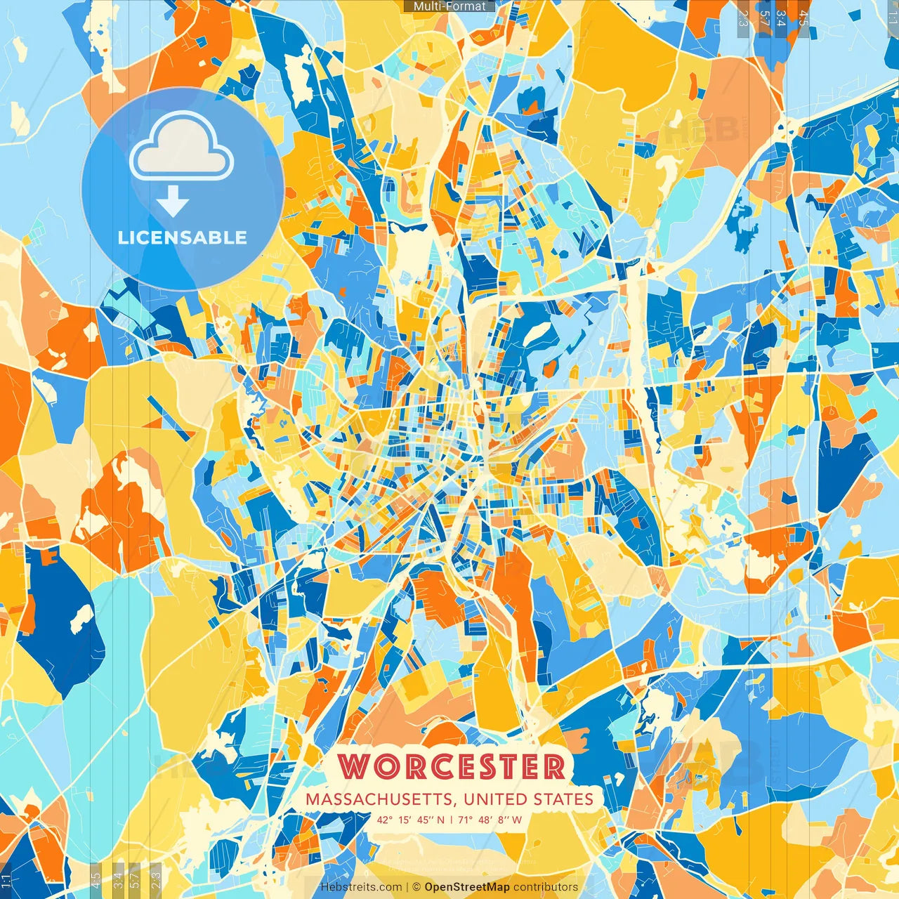 Worcester, Massachusetts, United States blue and orange vector art map template