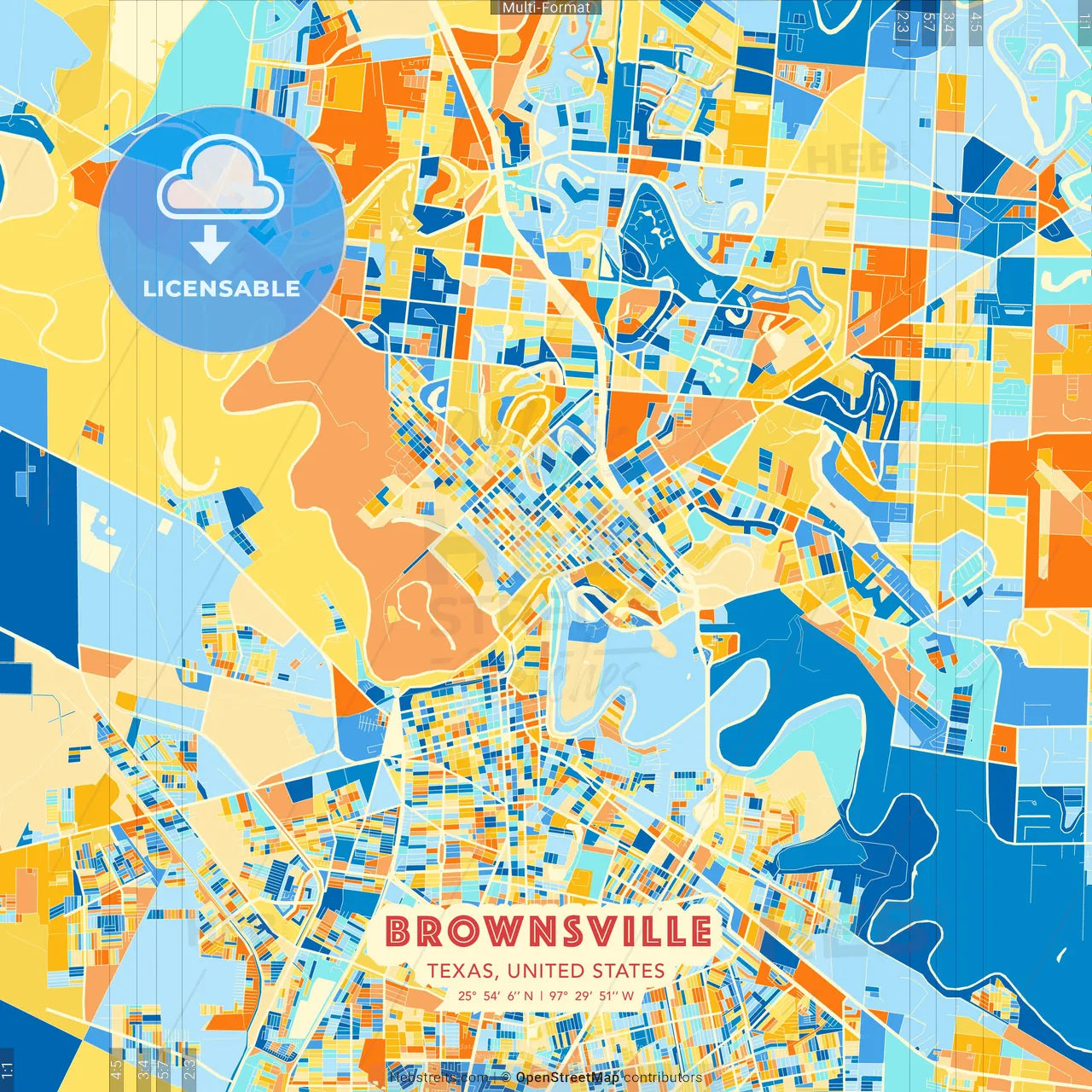 Brownsville, Texas, United States blue and orange vector art map template