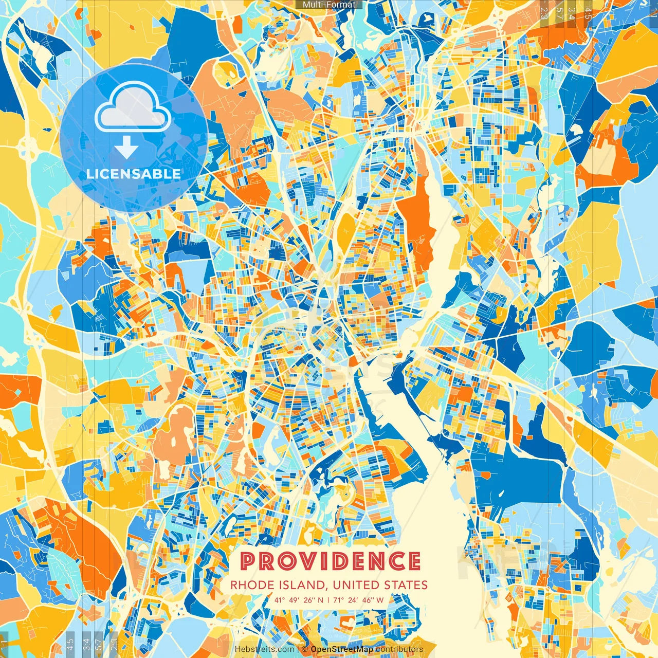 Providence, Rhode Island, United States blue and orange vector art map template