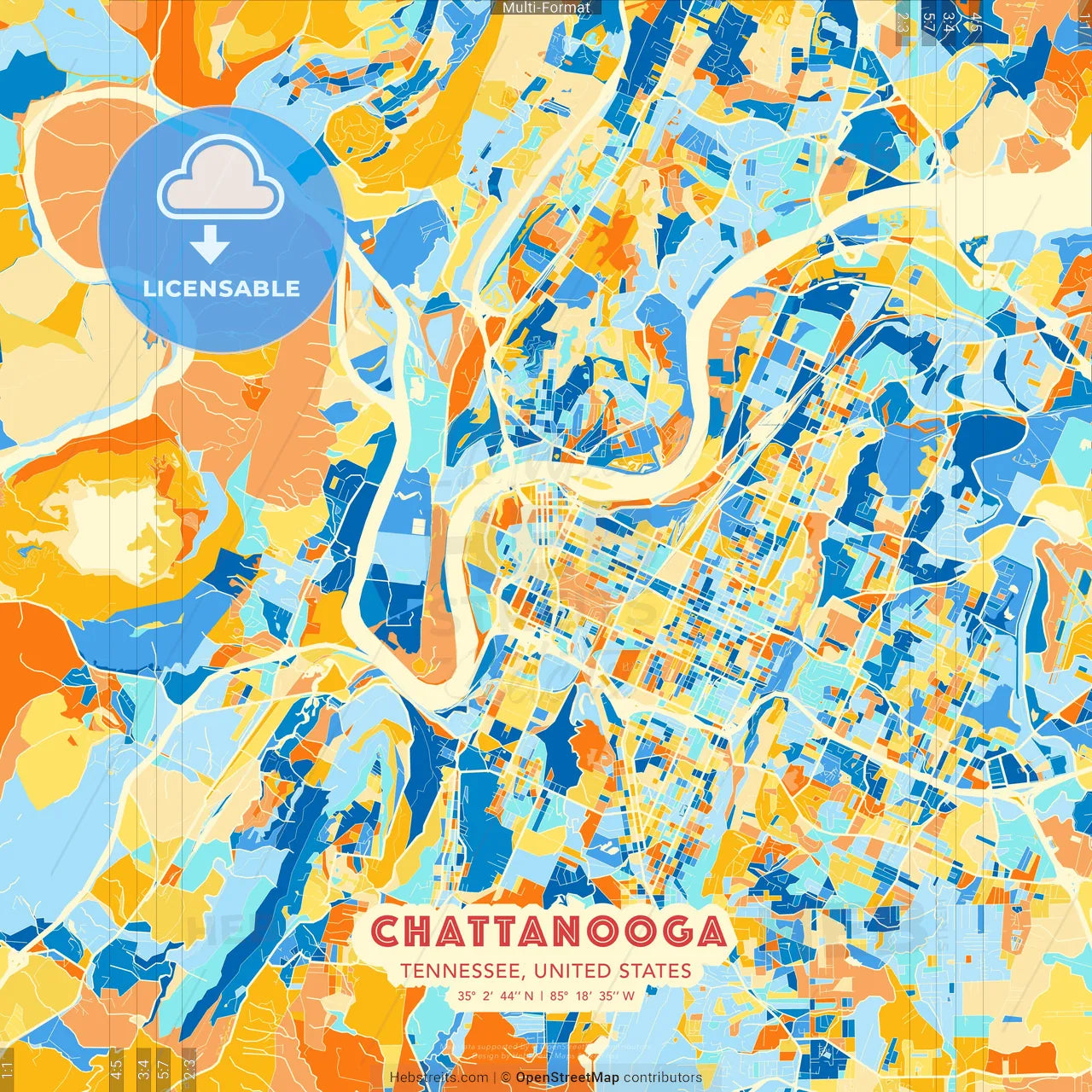 Chattanooga, Tennessee, United States blue and orange vector art map template