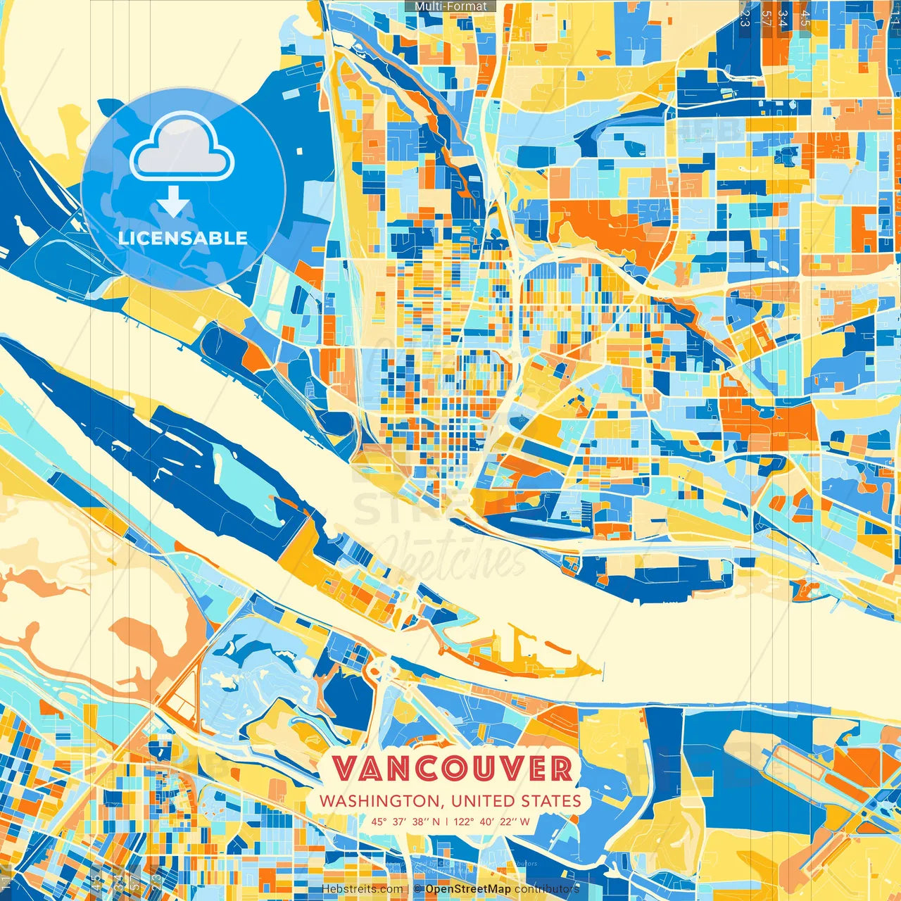 Vancouver, Washington, United States blue and orange vector art map template