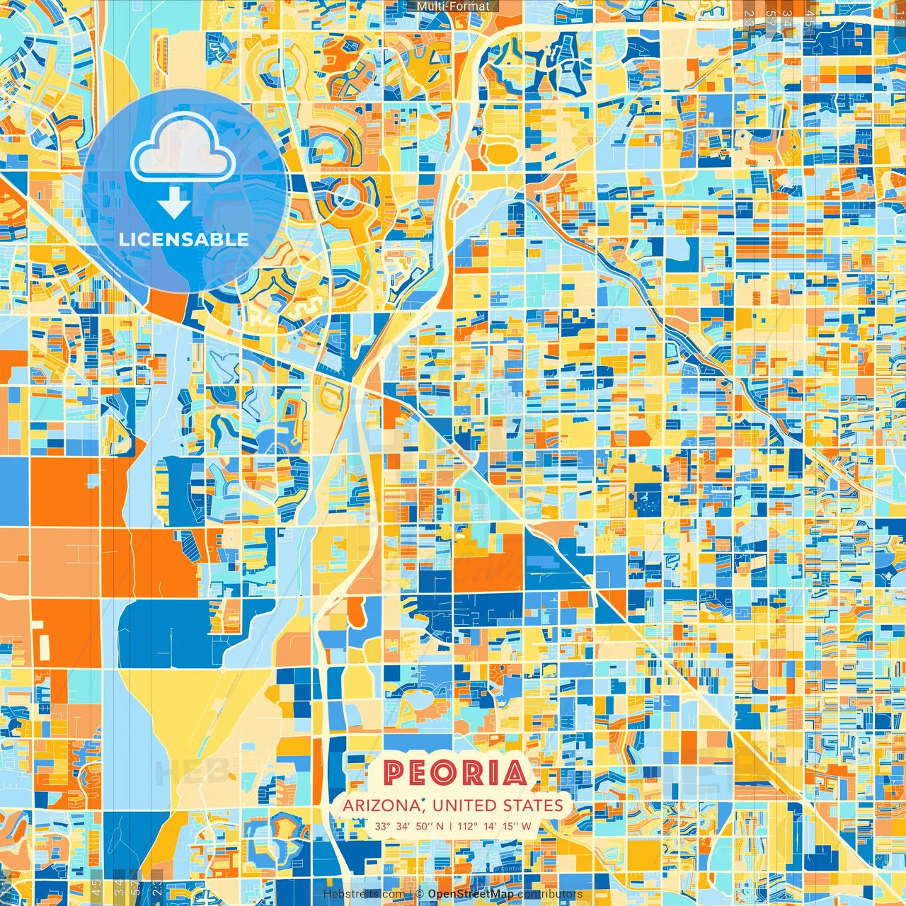 Peoria, Arizona, United States blue and orange vector art map template
