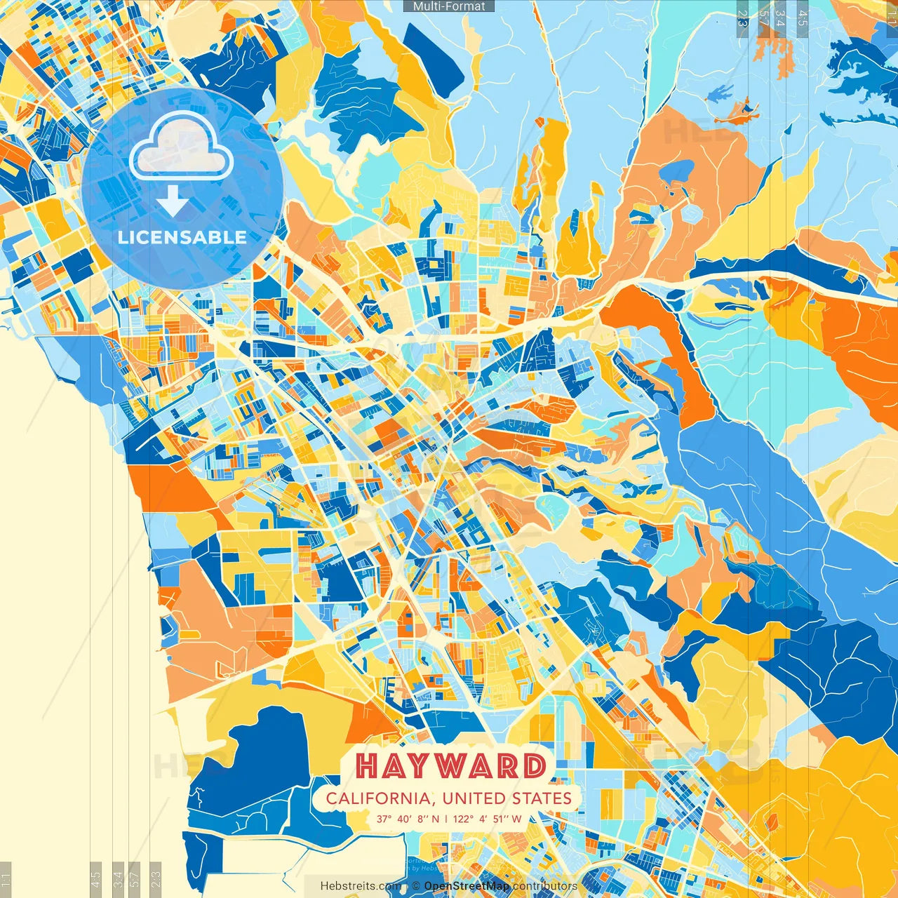 Hayward, California, United States blue and orange vector art map template