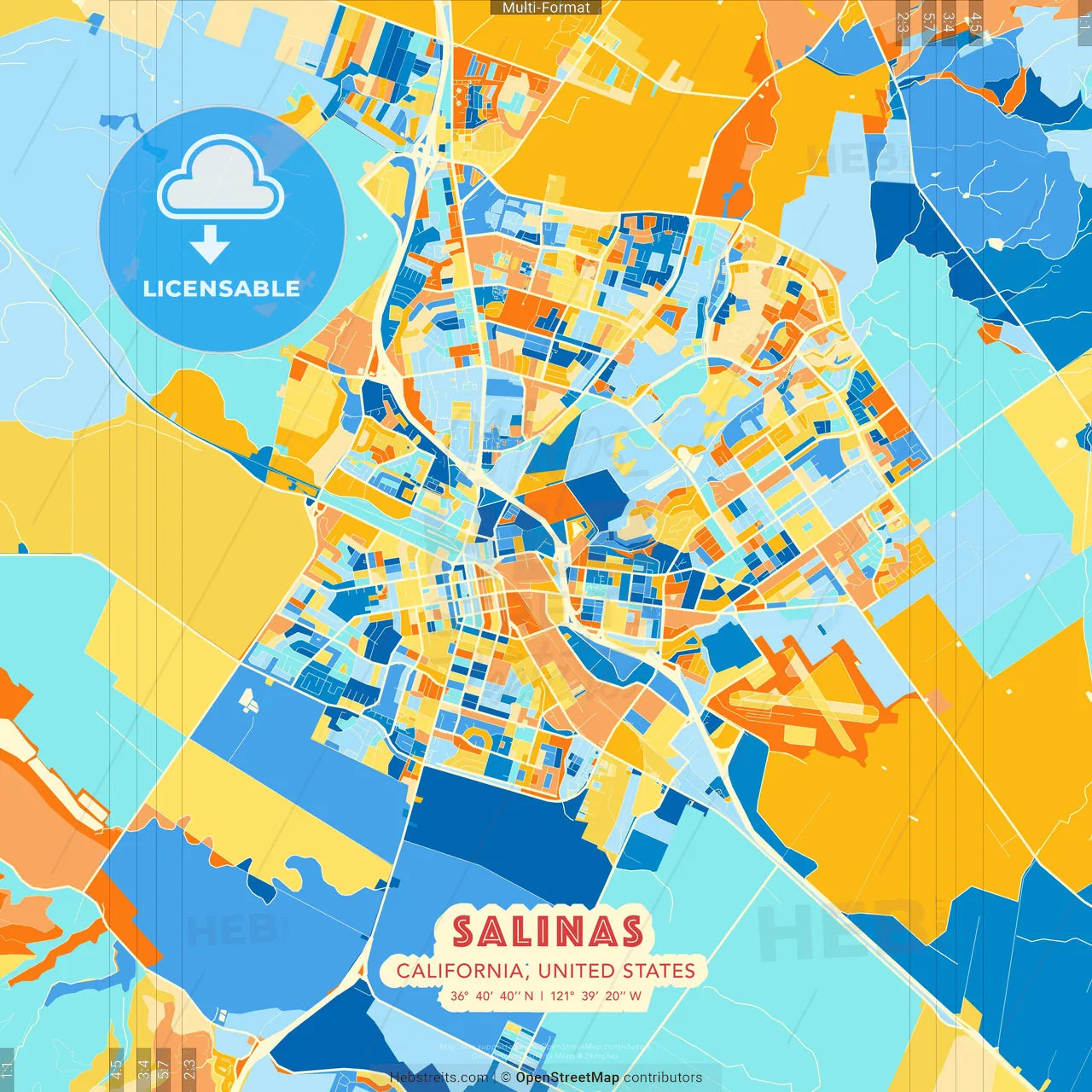 Salinas, California, United States blue and orange vector art map template
