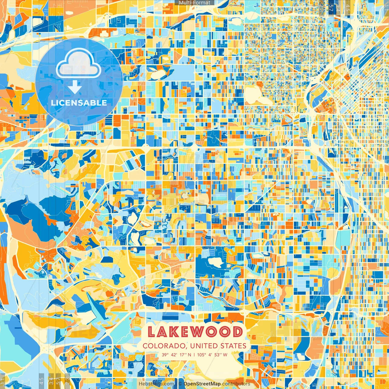 Lakewood, Colorado, United States blue and orange vector art map template