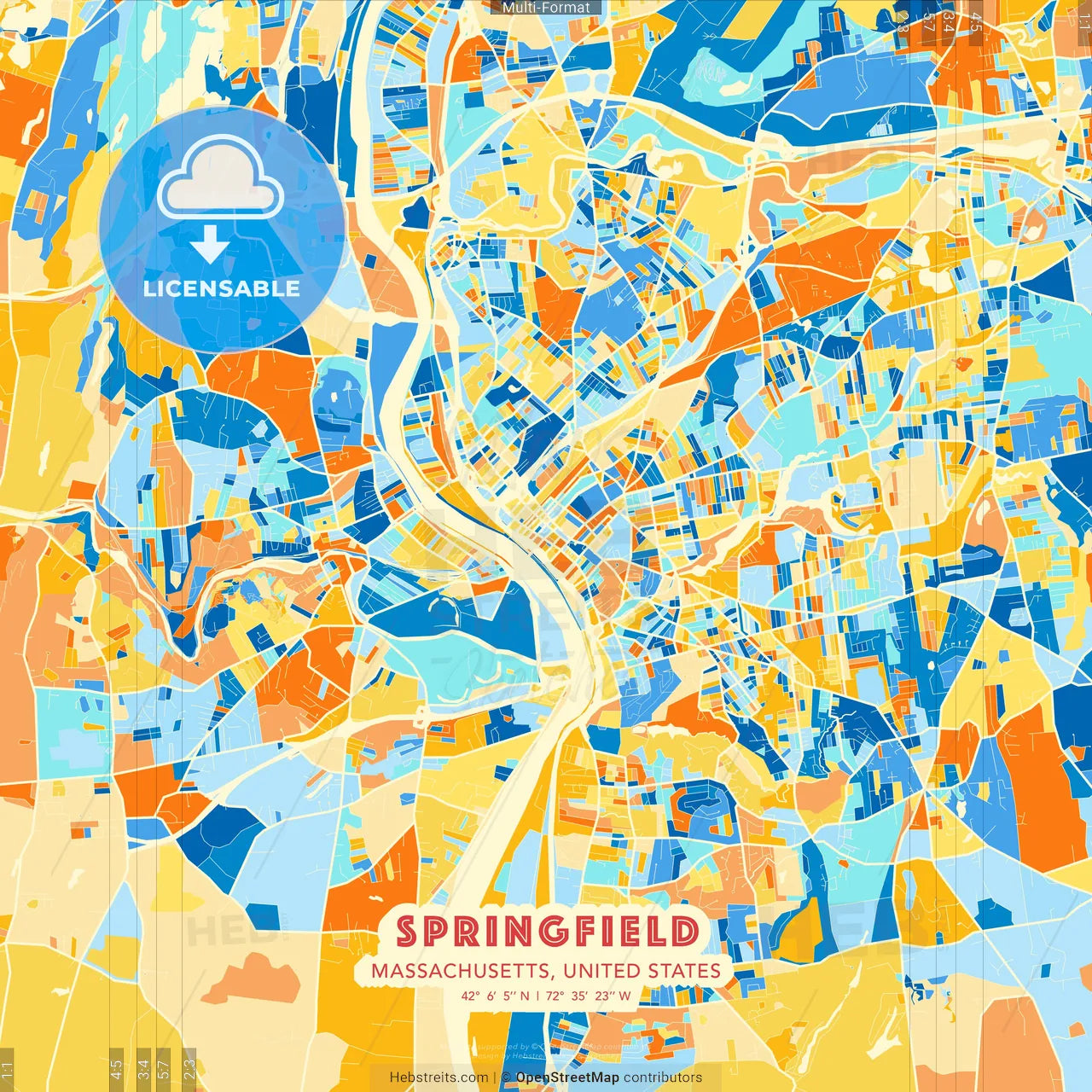 Springfield, Massachusetts, United States blue and orange vector art map template