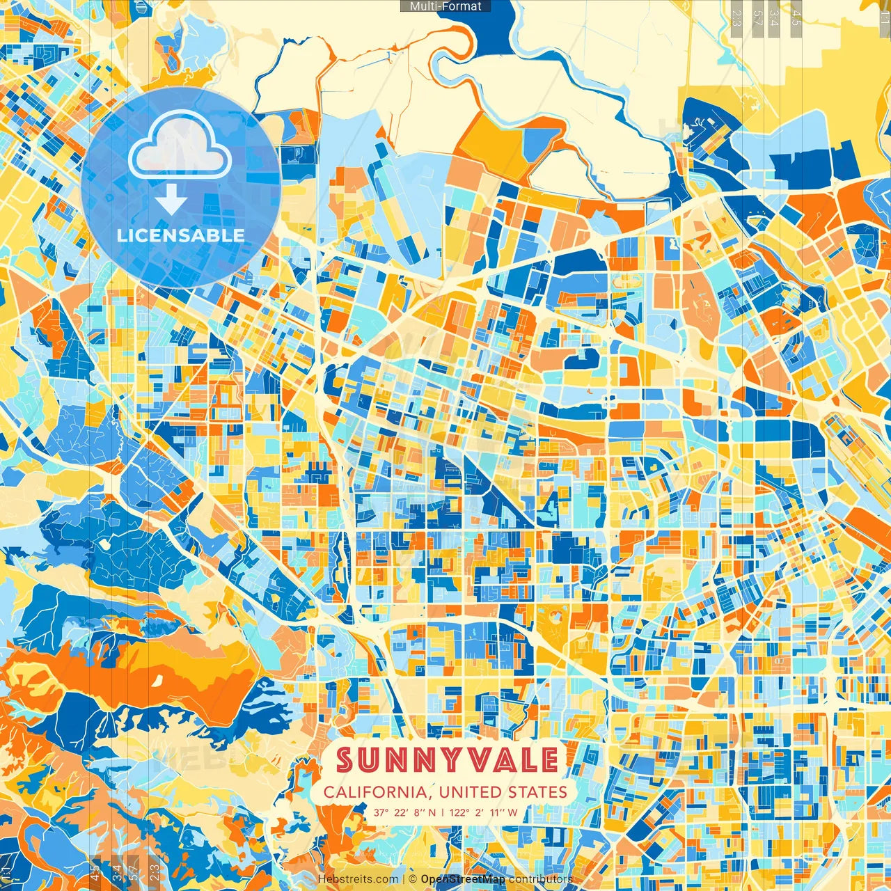Sunnyvale, California, United States blue and orange vector art map template
