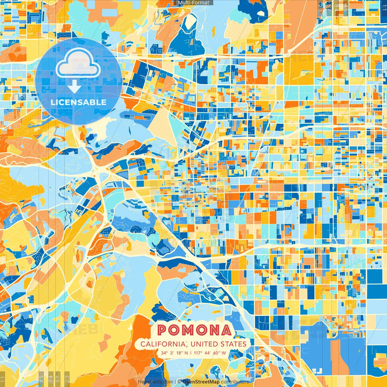 Pomona, California, United States blue and orange vector art map template