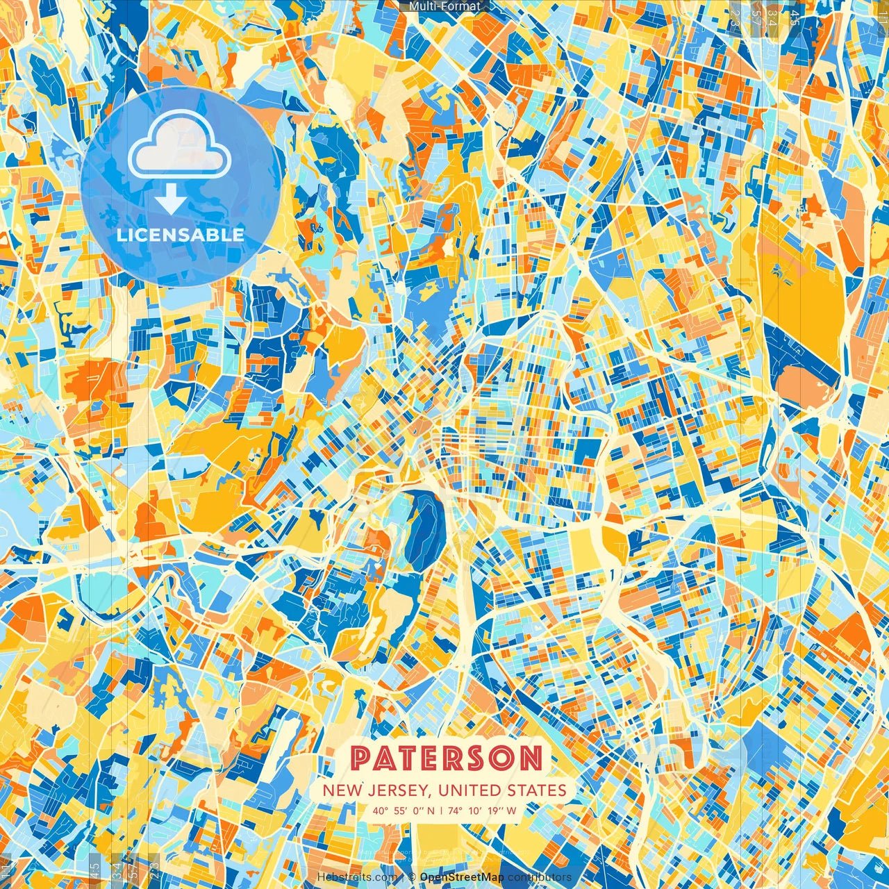 Paterson, New Jersey, United States blue and orange vector art map template