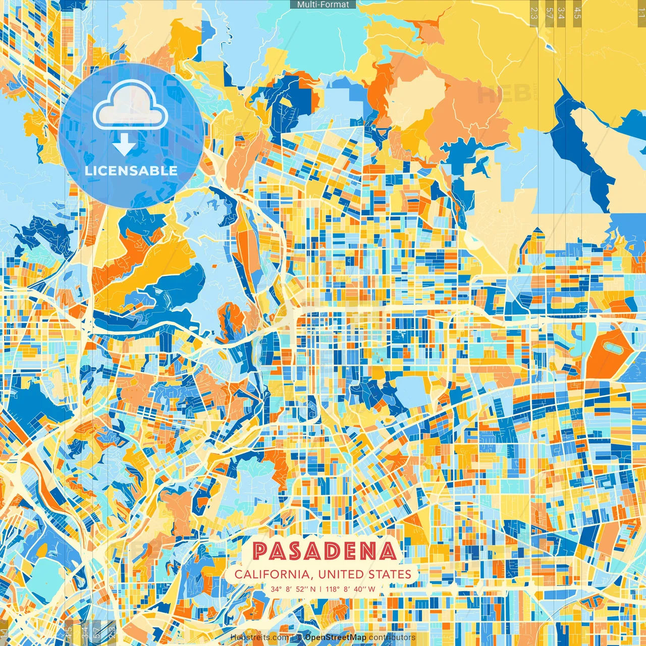 Pasadena, California, United States blue and orange vector art map template