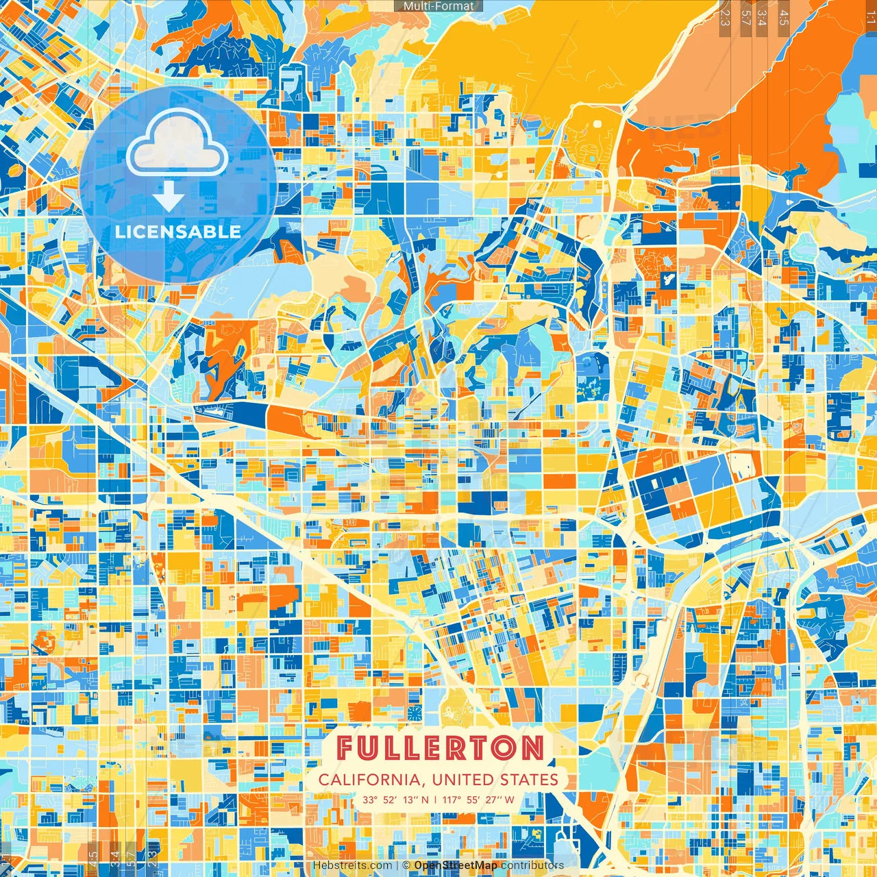 Fullerton, California, United States blue and orange vector art map template