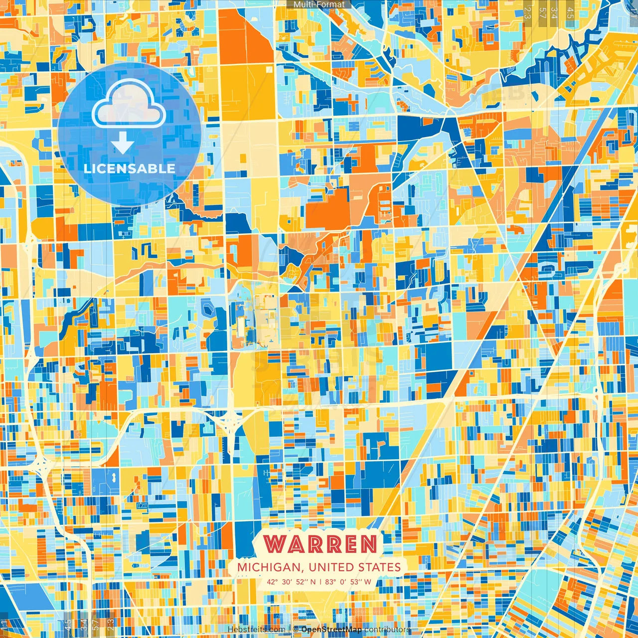Warren, Michigan, United States blue and orange vector art map template