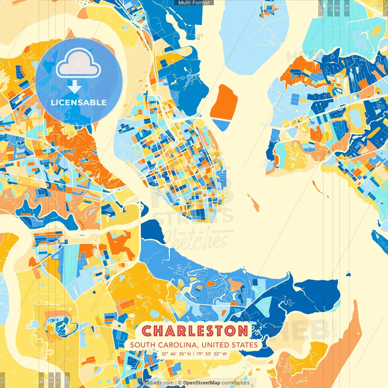 Charleston, South Carolina, United States blue and orange vector art map template
