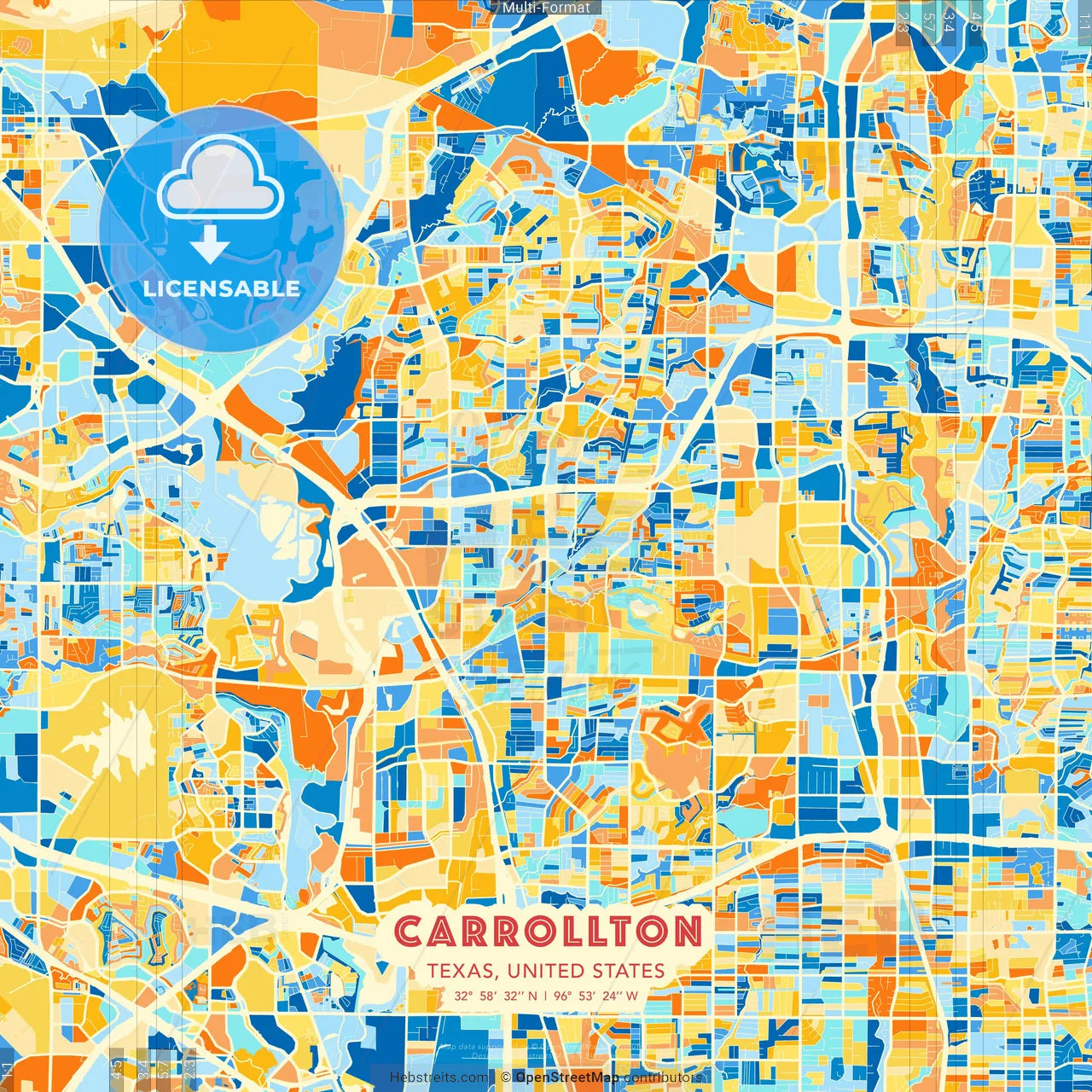 Carrollton, Texas, United States blue and orange vector art map template