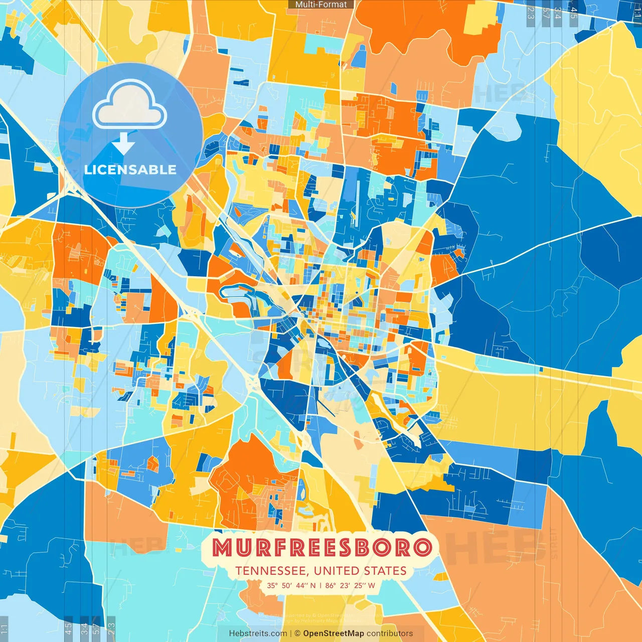 Murfreesboro, Tennessee, United States blue and orange vector art map template