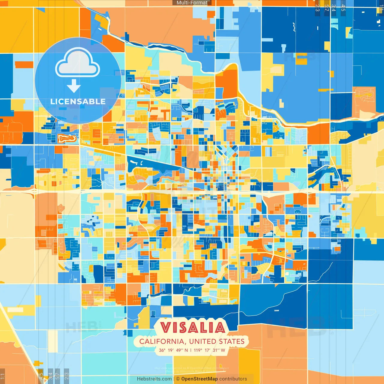 Visalia, California, United States blue and orange vector art map template