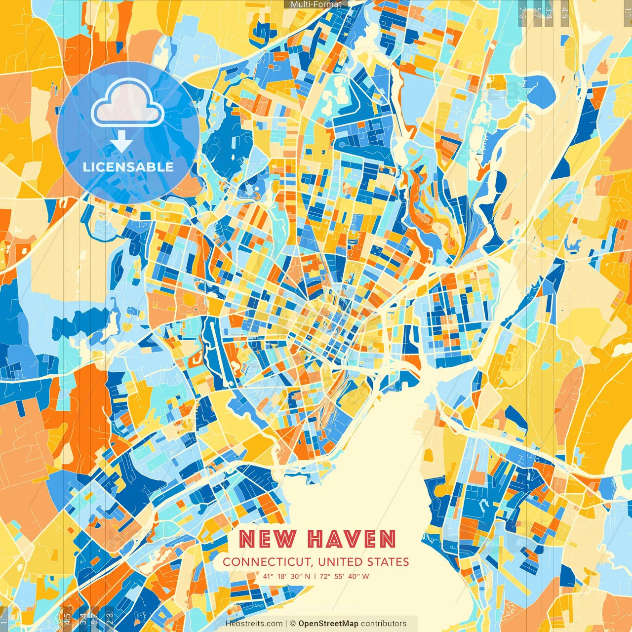 New Haven, Connecticut, United States blue and orange vector art map template