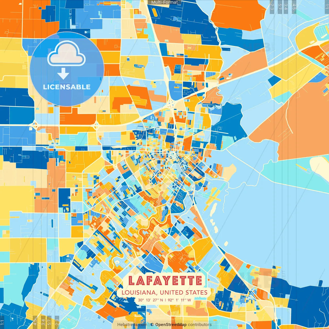 Lafayette, Louisiana, United States blue and orange vector art map template