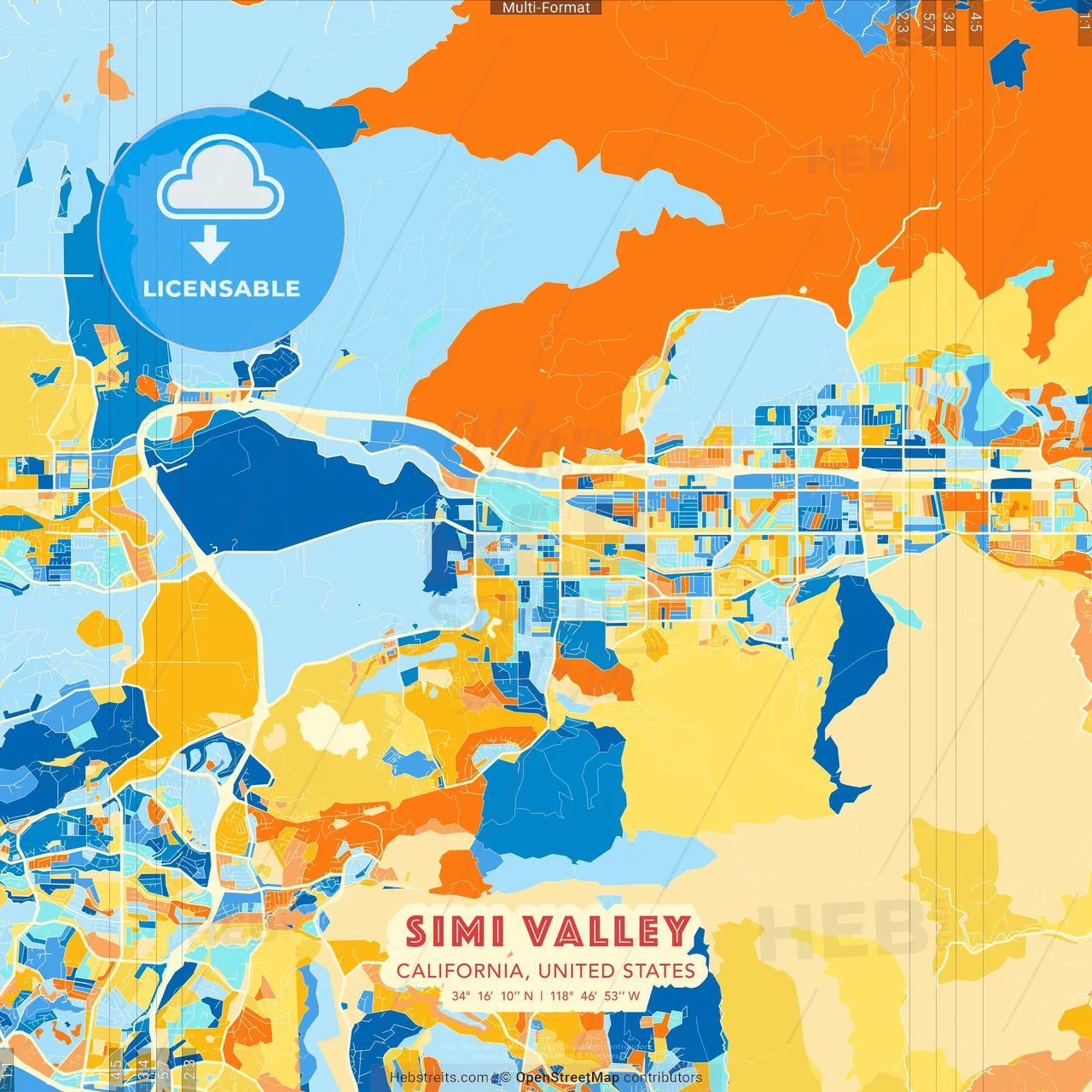 Simi Valley, California, United States blue and orange vector art map template
