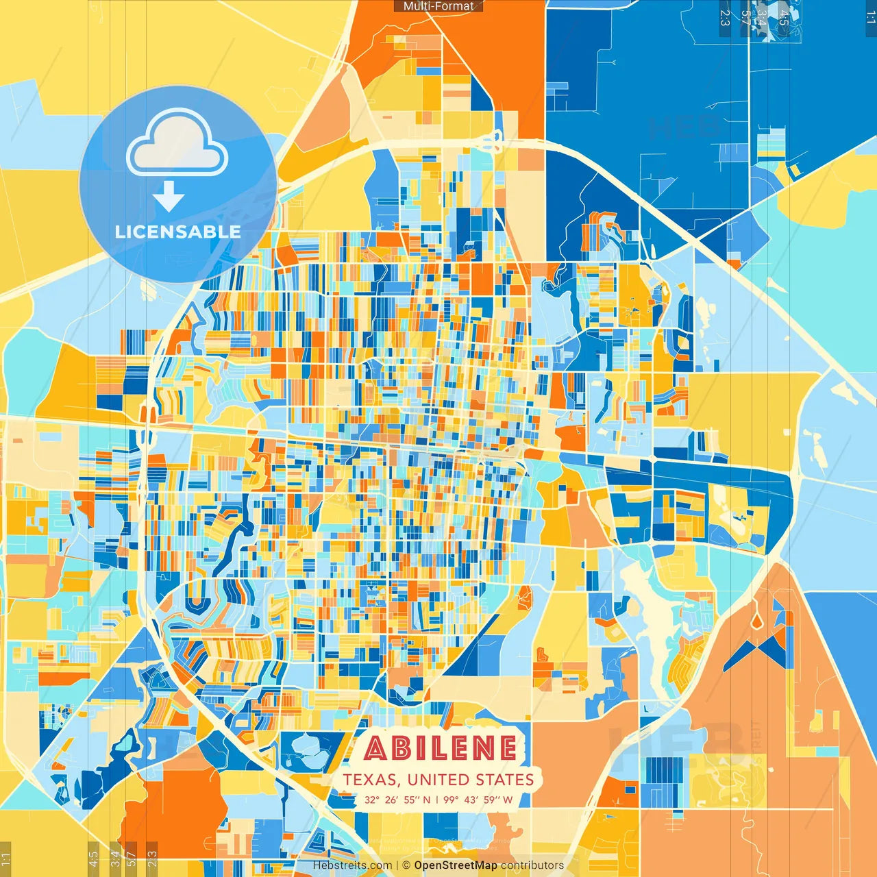 Abilene, Texas, United States blue and orange vector art map template