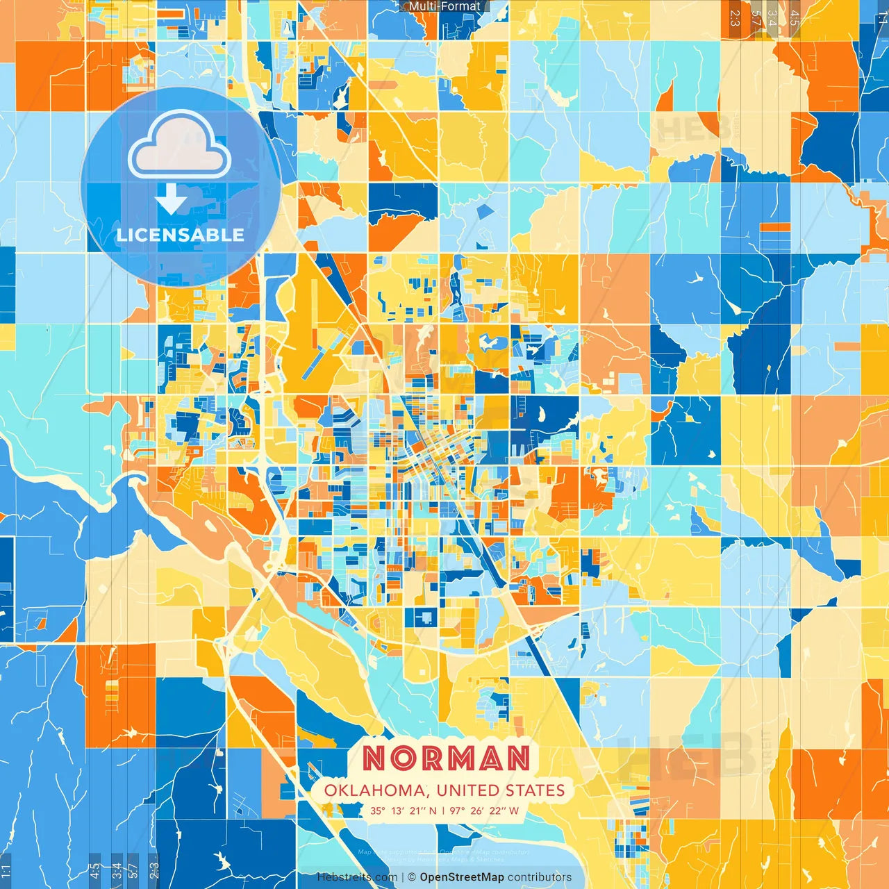 Norman, Oklahoma, United States blue and orange vector art map template