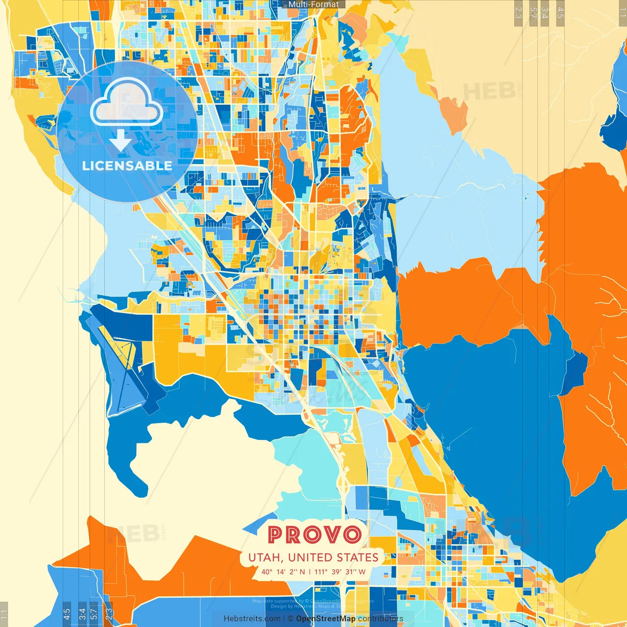 Provo, Utah, United States blue and orange vector art map template
