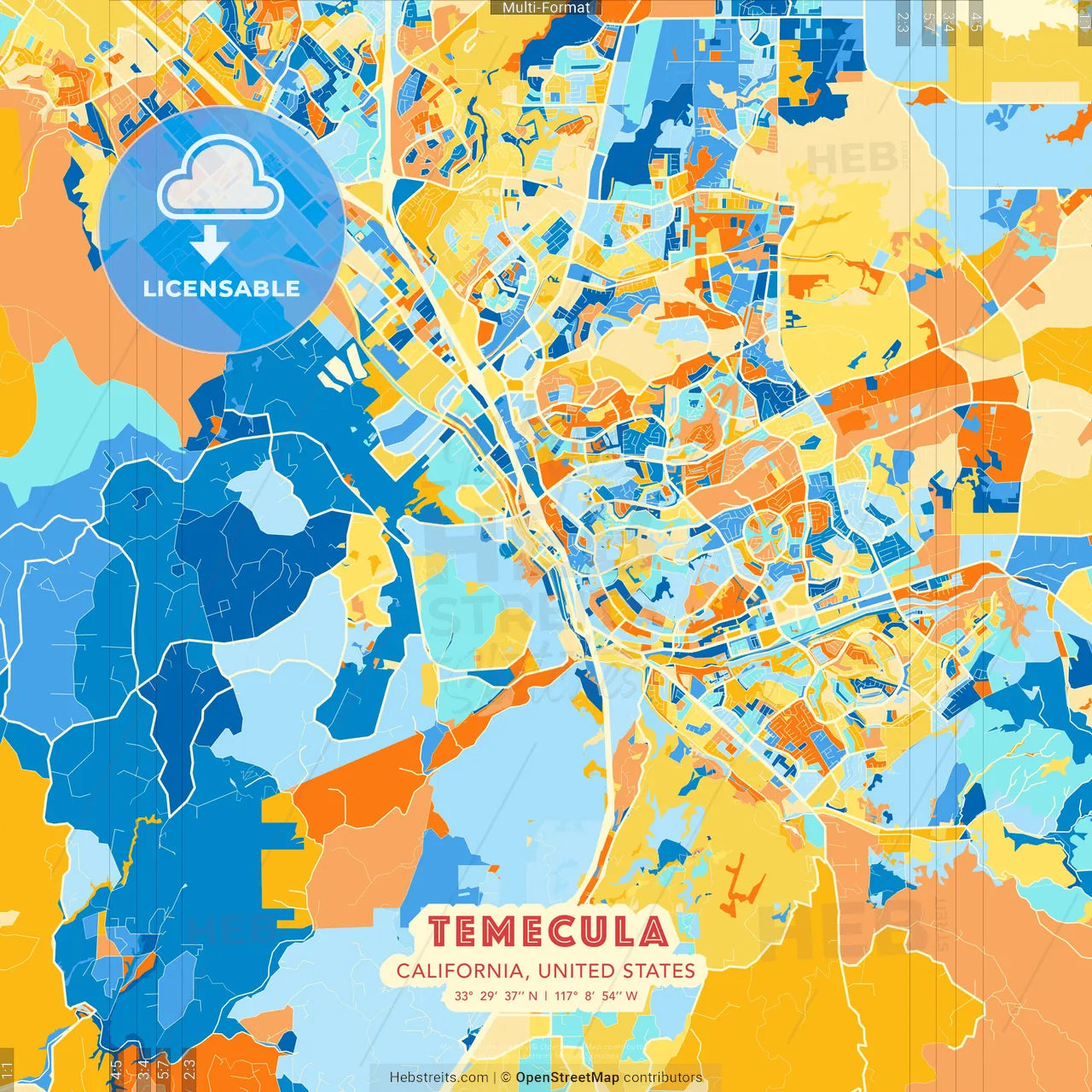 Temecula, California, United States blue and orange vector art map template