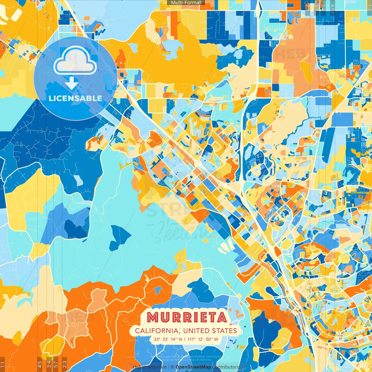 Murrieta, California, United States blue and orange vector art map template