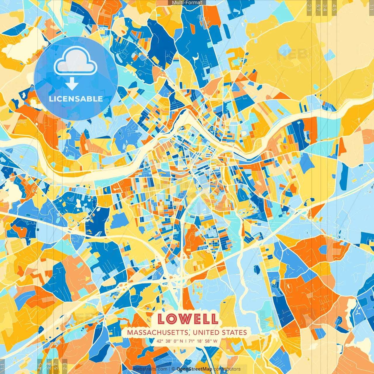 Lowell, Massachusetts, United States blue and orange vector art map template