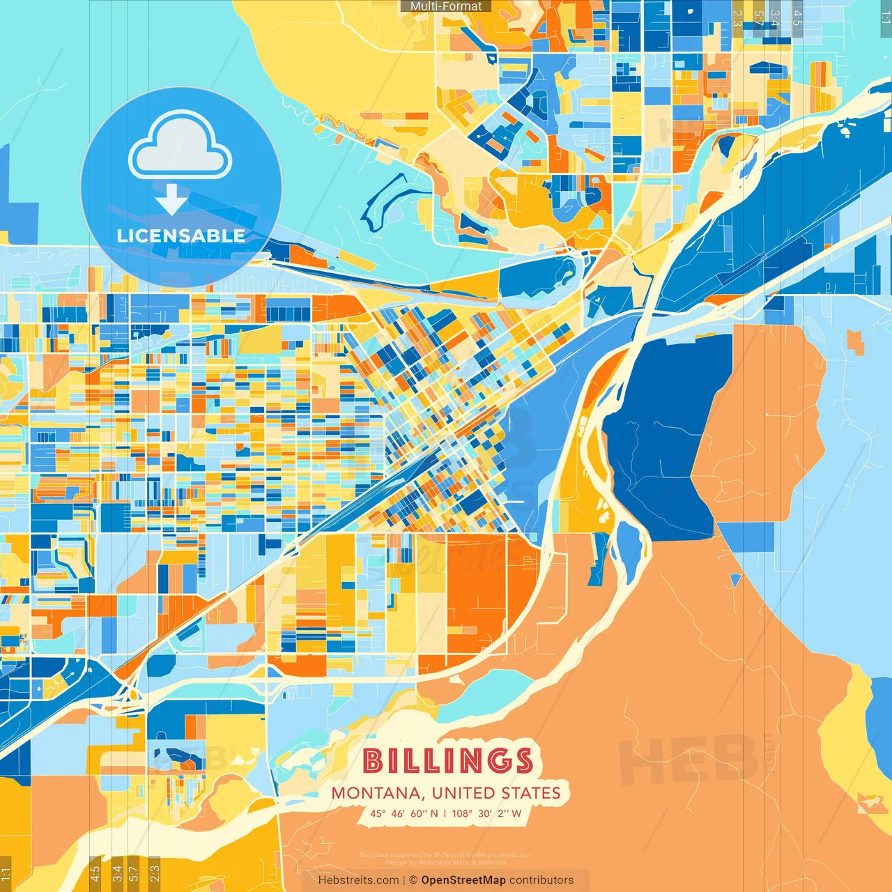 Billings, Montana, United States blue and orange vector art map template