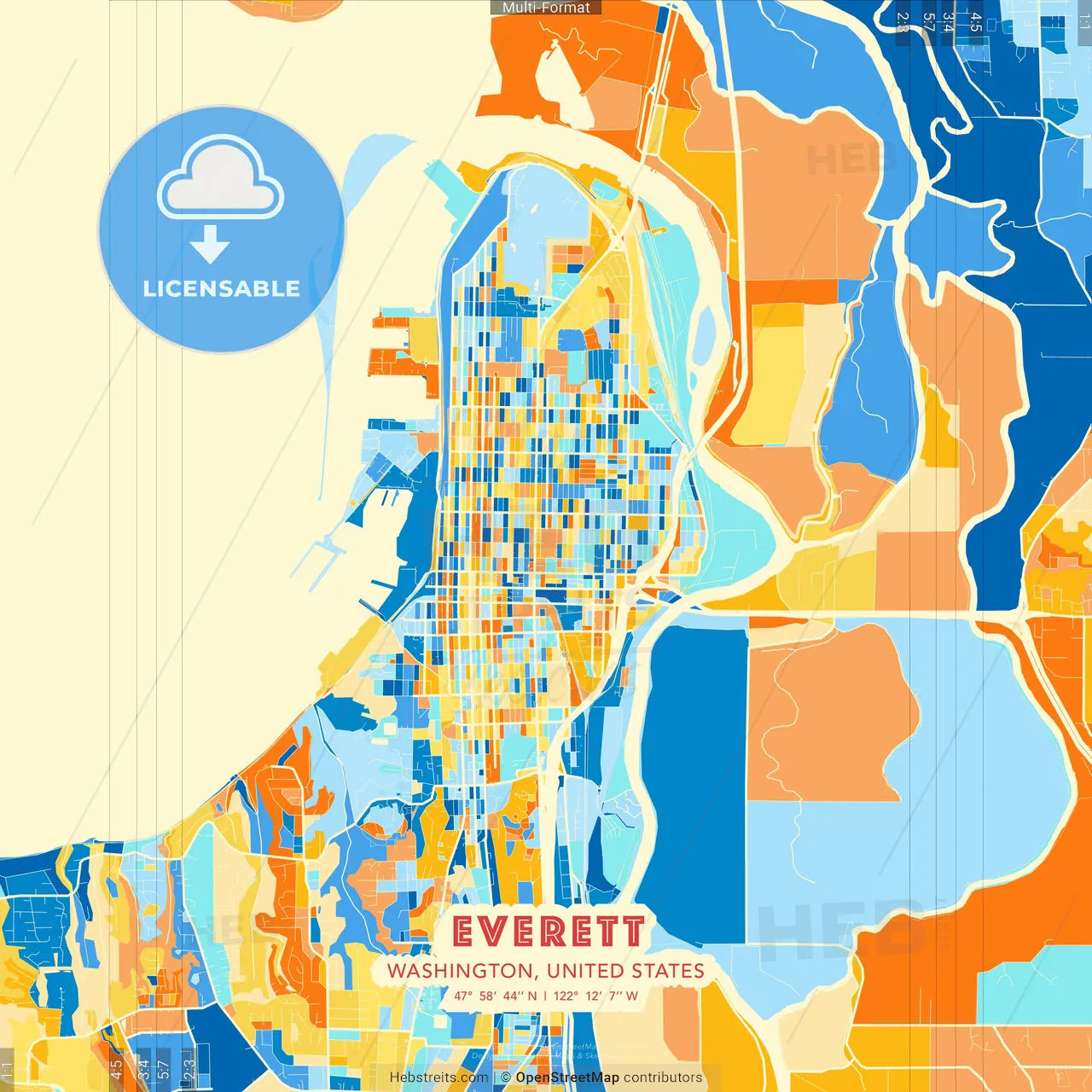Everett, Washington, United States blue and orange vector art map template