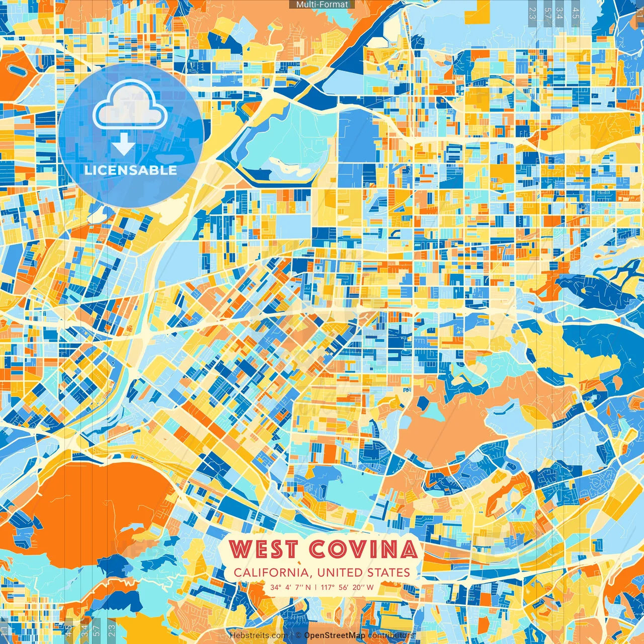 West Covina, California, United States blue and orange vector art map template