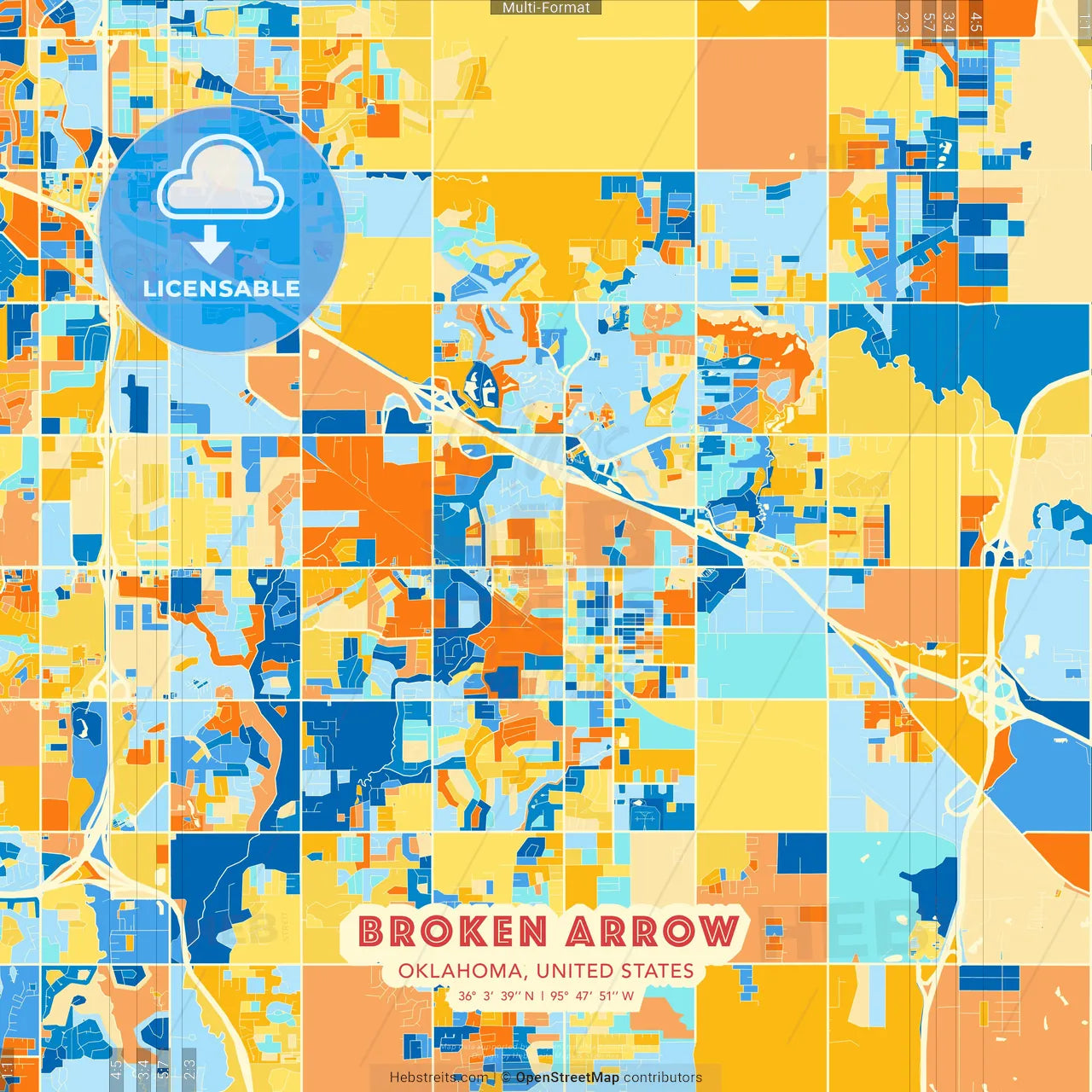 Broken Arrow, Oklahoma, United States blue and orange vector art map template