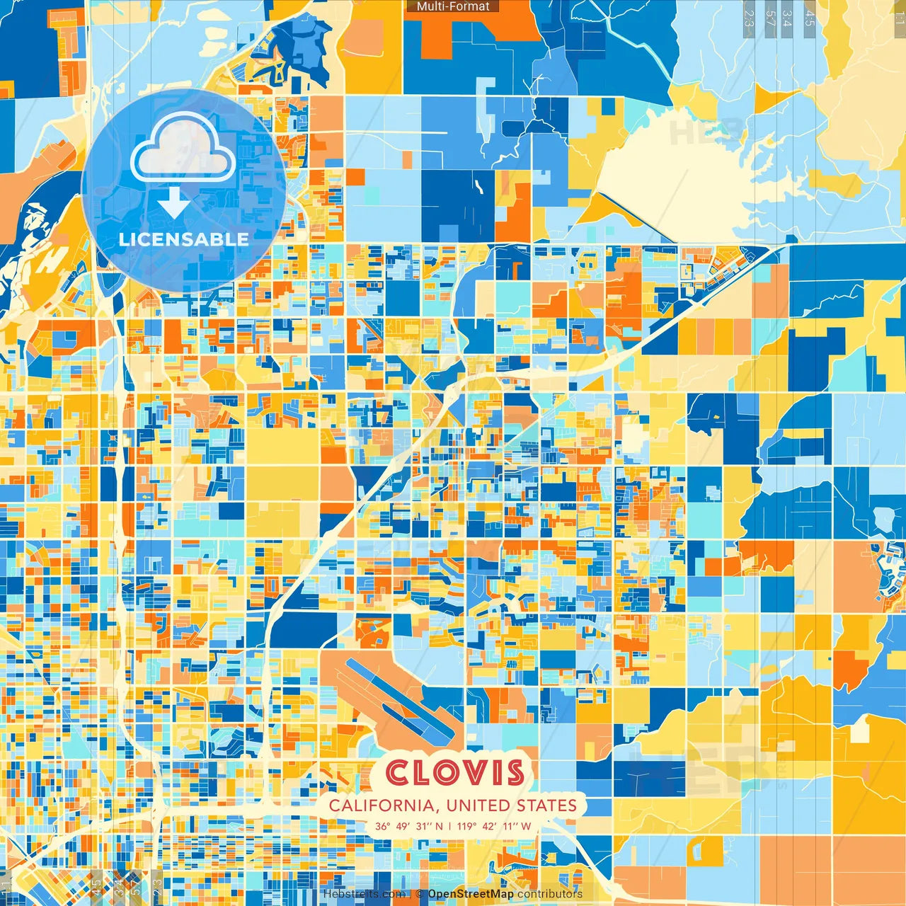 Clovis, California, United States blue and orange vector art map template