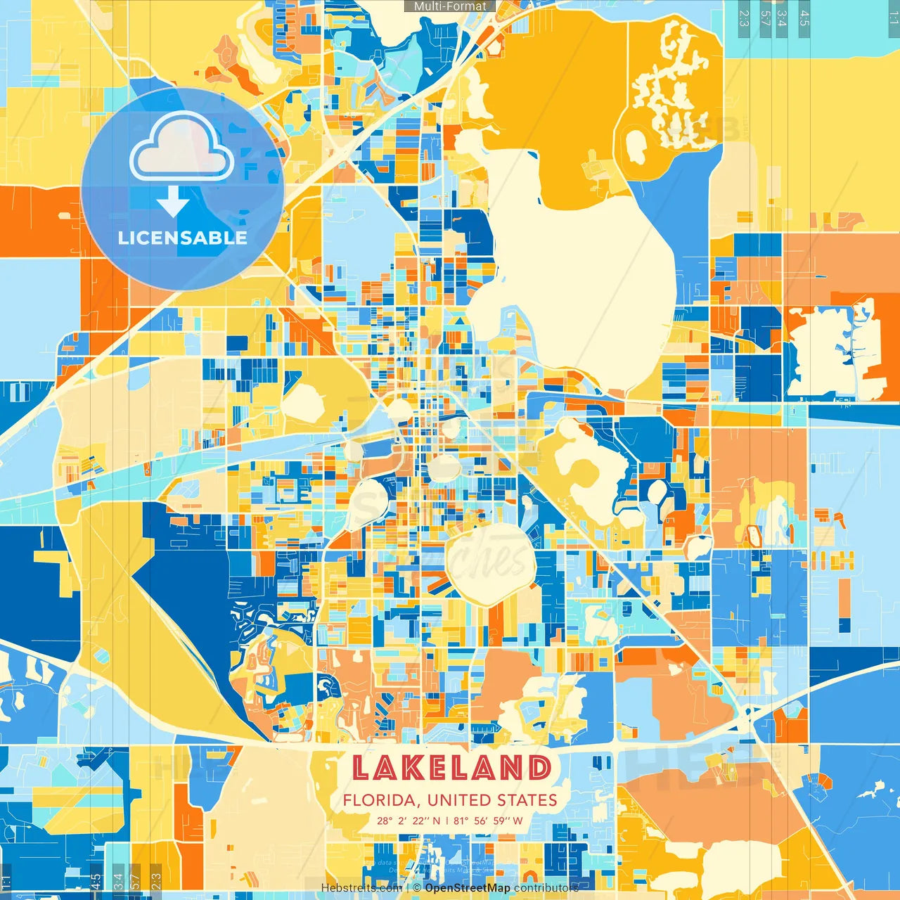 Lakeland, Florida, United States blue and orange vector art map template