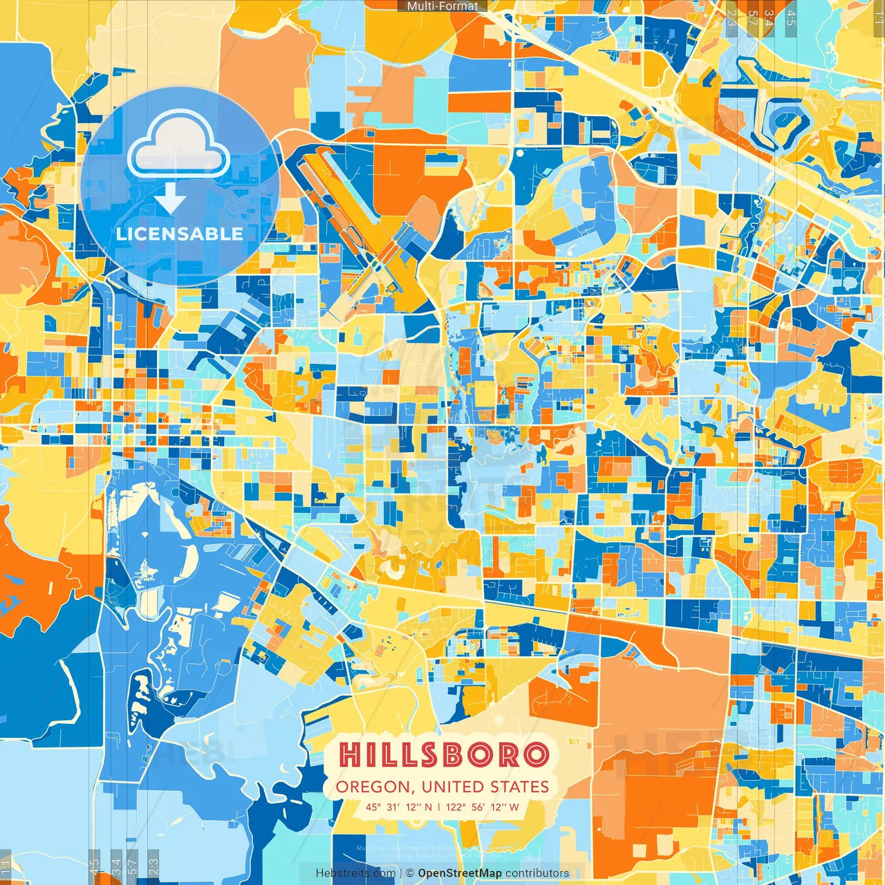 Hillsboro, Oregon, United States blue and orange vector art map template