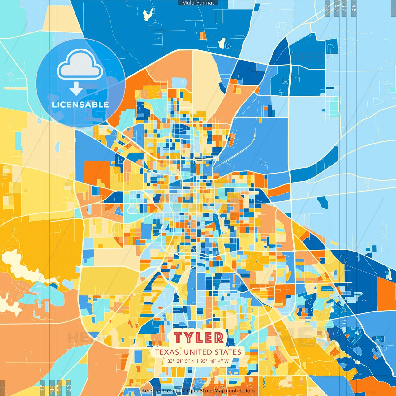 Tyler, Texas, United States blue and orange vector art map template