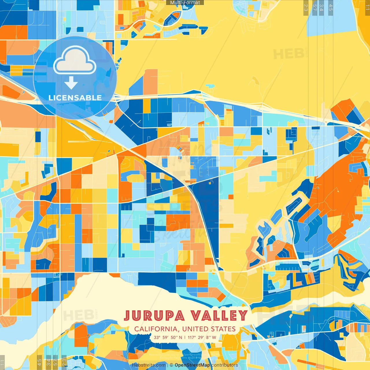 Jurupa Valley, California, United States blue and orange vector art map template