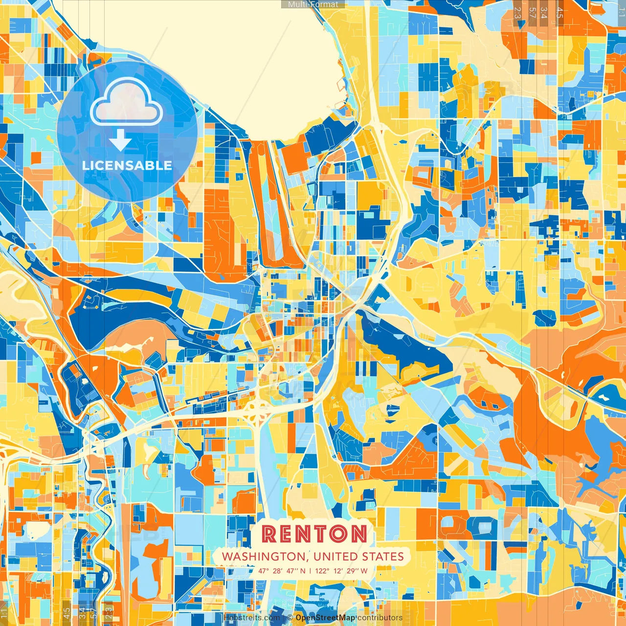 Renton, Washington, United States blue and orange vector art map template