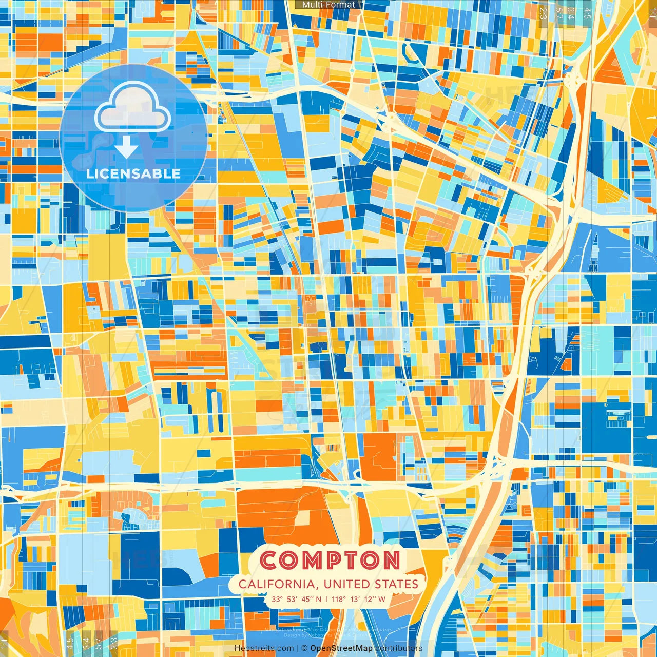 Compton, California, United States blue and orange vector art map template